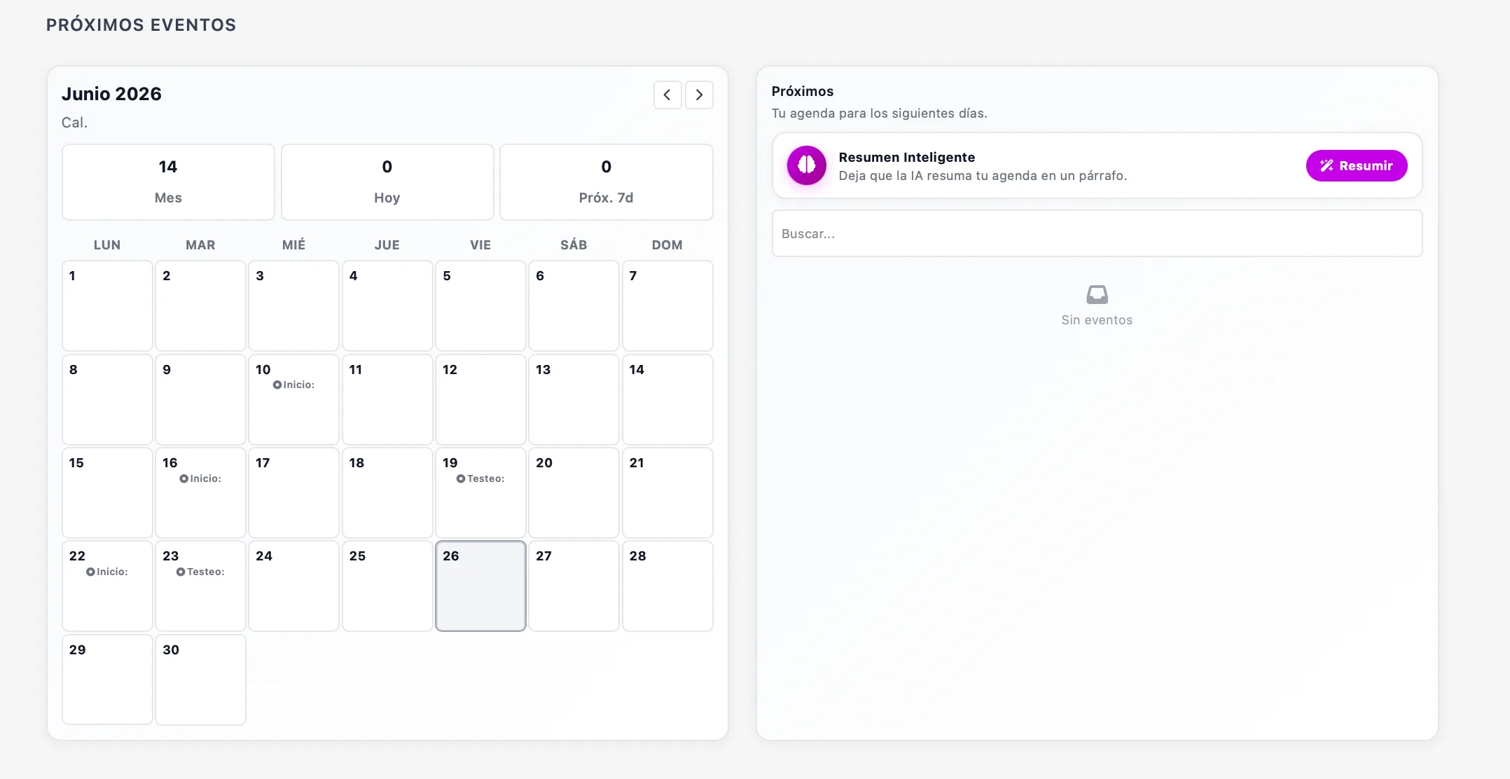 Calendario de próximos eventos en Vector