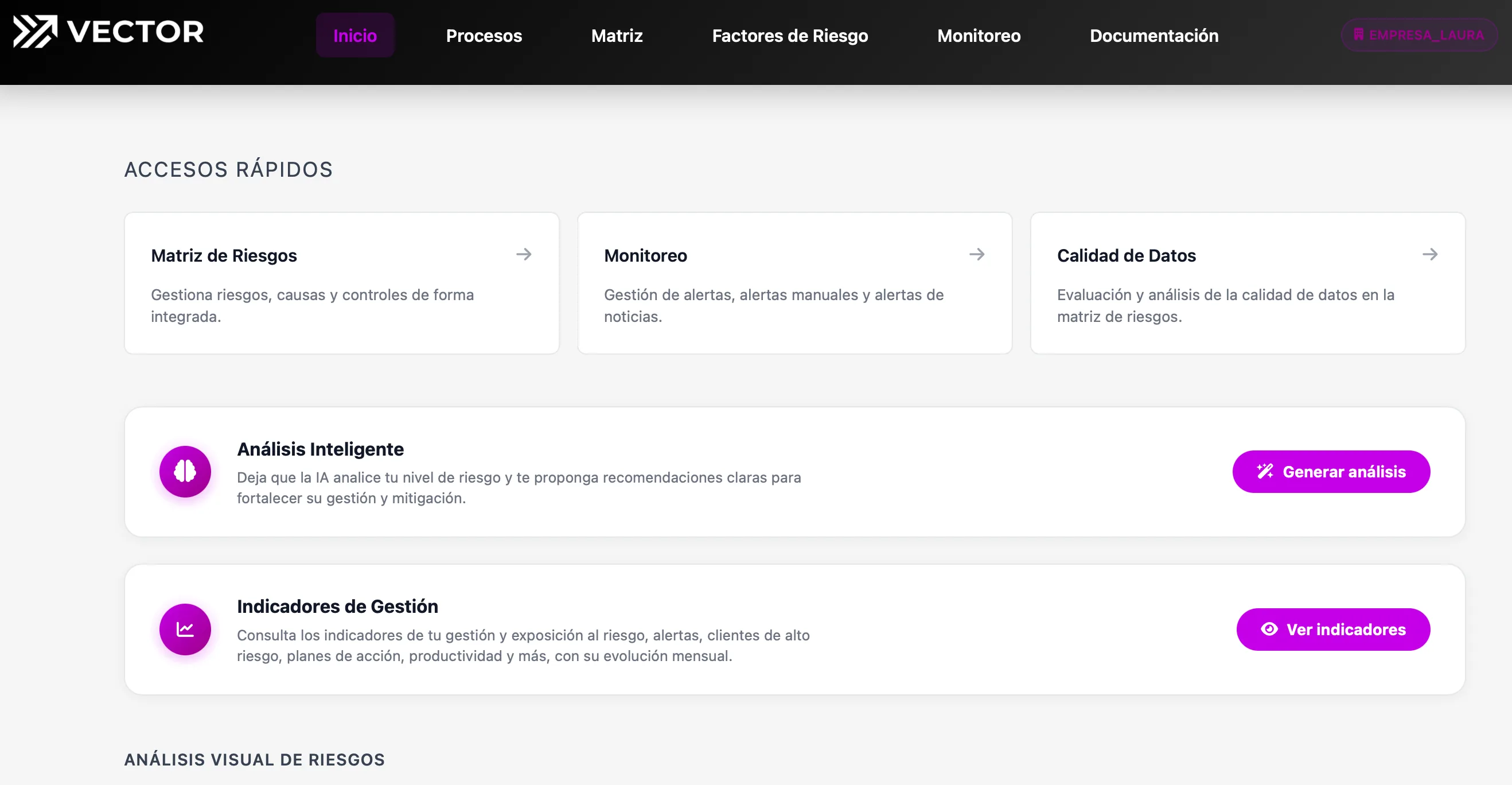 Software de gestión de riesgos Vector con análisis de IA en el panel principal